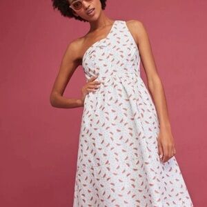 One-Shoulder White Dress with Red Pattern